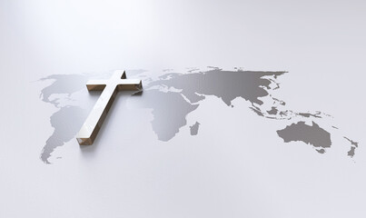 Cross of Jesus Christ and world map background, church mission, gospel and evangelism concept
