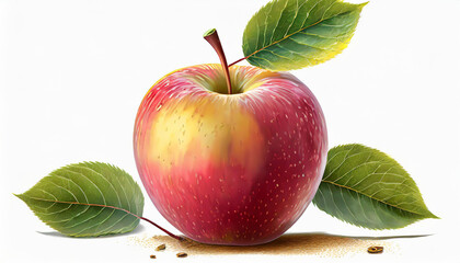 one beautiful ripe red apple with a leaf and water drops on it on a red background