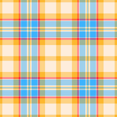 Uk seamless tartan plaid, mexico textile background texture. Multicolored pattern fabric check vector in amber and cyan colors.