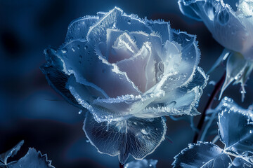 close-up of delicate frosted blue roses with dew drops in a serene and magical winter setting