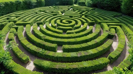 A beautiful aerial view of a circular green hedge maze surrounded by lush greenery, showcasing the intricate design and pathways that challenge and invite exploration.