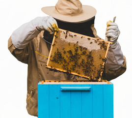 Pszczelarz w stroju ochronnym przy ulu z plastrem miodu i pszczołami. Przezroczyste tło. © YOUR SHOT