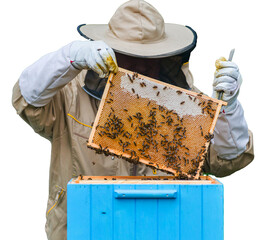 Pszczelarz w stroju ochronnym przy ulu z plastrem miodu i pszczołami. Przezroczyste tło. © YOUR SHOT