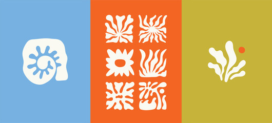 Vector illustration in simple wavy and groovy naive style, flowers and plants, floral botanic hand drawn design templates, frames and modern wall art prints, posters, placards, packaging, branding