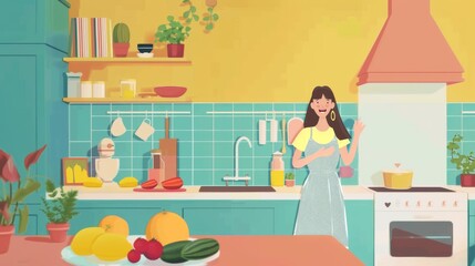 Fototapeta premium Host inviting viewers to subscribe and engage in a colorful kitchen with modern decor.