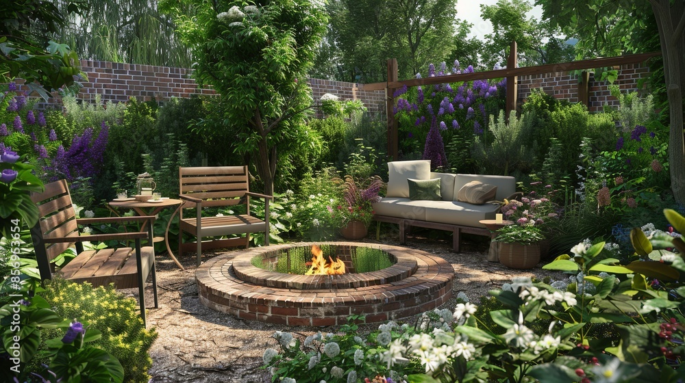 Poster Garden Fire Pit: A beautifully landscaped garden with a circular fire pit made of brick, surrounded by lush greenery