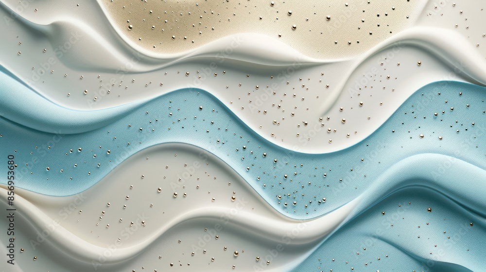 Poster an abstract image featuring flowing wavy patterns predominantly in silver and blue hues with scatter