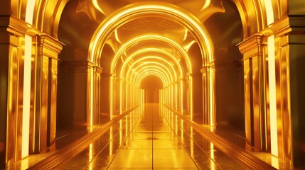 Obraz premium A mesmerizing image of a golden arched hallway, with illuminated arches creating a radiant effect and a reflective floor enhancing the luxurious and divine ambiance.