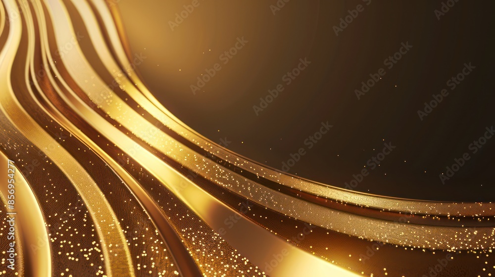 Poster an abstract image showcasing elegant golden waves flowing smoothly with shimmering glitter particles