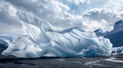Delicate fabric billowing in the wind against the rugged landscape of a glacier.