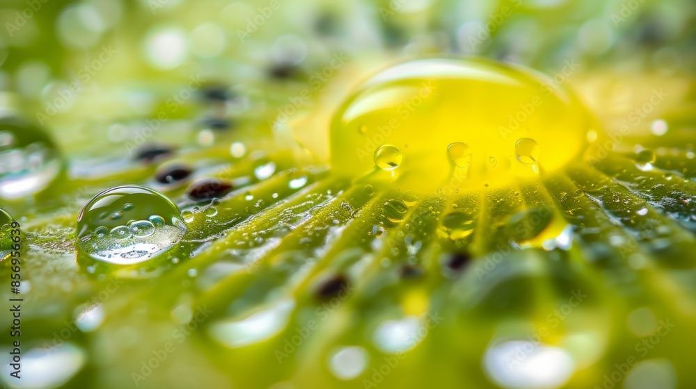 Wall mural vibrant macro water droplets on fresh green leaf surface