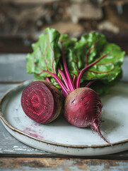 Two fresh beetroots on a rustic plate with green leaves attached.