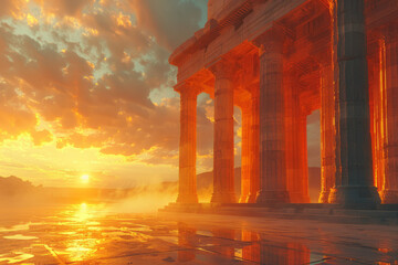 Fototapeta premium Ancient pillars at dawn in a 3D digital rendering, bathed in warm, soft hues,