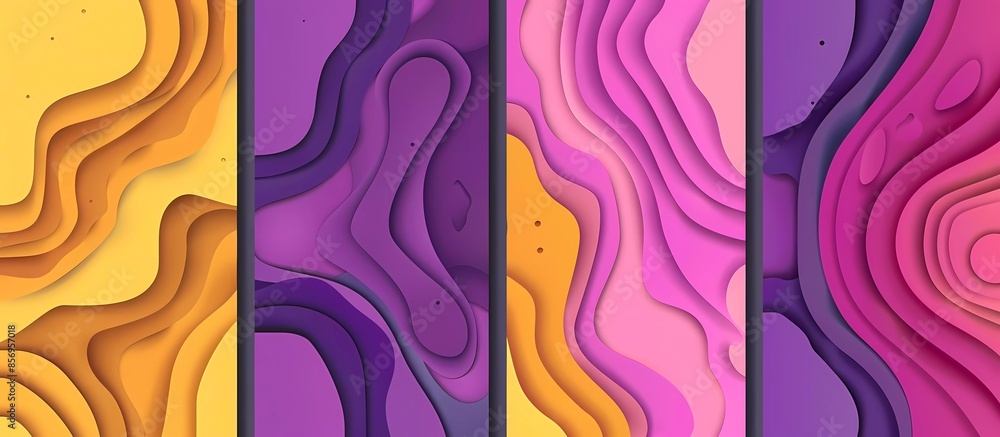 Poster abstract background with different colors and shapes, a set of four posters with paper cut designs. 