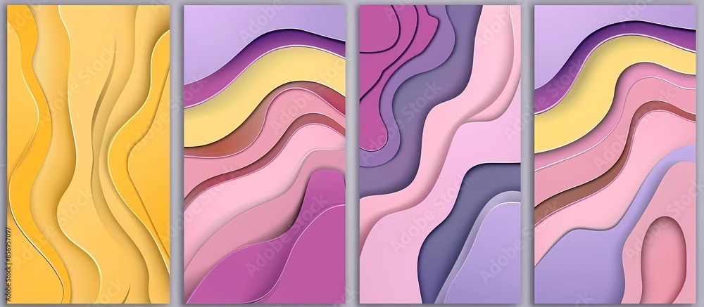 Poster abstract background with different colors and shapes, a set of four posters with paper cut designs. 