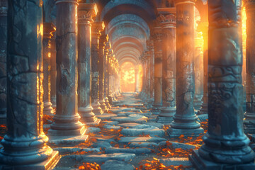 Fototapeta premium Dawn light creating a magical atmosphere around ancient pillars in a 3D digital scene,