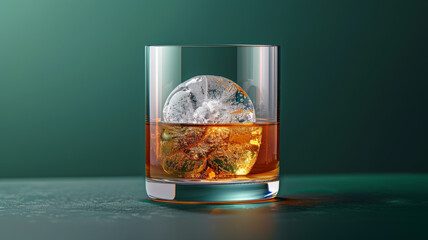 Glass of whiskey with a large spherical ice cube.