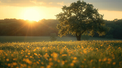 Obraz premium Large tree in a field of yellow flowers at sunrise with a warm morning glow