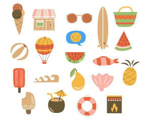 Summer flat elements. Simple vacation symbols and icons set. Stock vector illustration