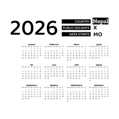 Calendar 2026 Nepali language with Nepal public holidays. Week starts from Monday. Graphic design vector illustration.