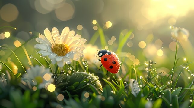 Digital technology green balloon grass ladybug illustration poster background