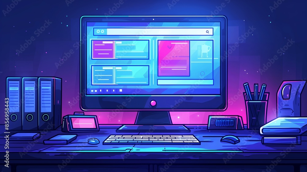 Poster modern desktop computer setup with keyboard and mouse