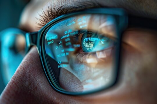 Close-up portrait of software engineer's eyeglasses looking at computer screen with programming code reflecting in glasses. Ai Generative