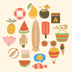 Summer flat elements. Simple vacation symbols and icons set. Stock vector illustration