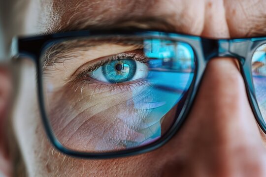 Close-up portrait of software engineer's eyeglasses looking at computer screen with programming code reflecting in glasses. Ai Generative