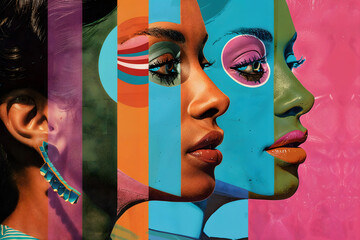 Abstract Faces of  woman's with superimposed colored stripes. Makeup artist. Fashion banner. DEIB Diversity, Equity, inclusion, and Belonging concept.  Promotion. 