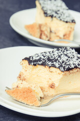 Fresh baked cheesecake on plate. Delicious dessert