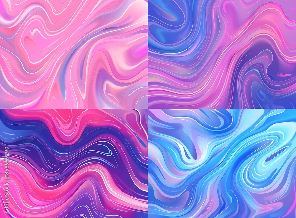 Poster set of four vector abstract pink, purple and blue wavy background patterns in the style of different