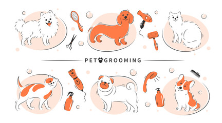 Pet grooming. Dog and cat beauty grooming salon, haircuts, bathing, care hair of pet. Vector illustration.

