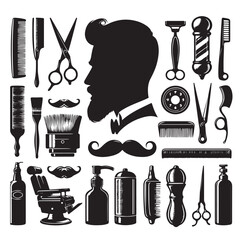 Barber and hairdresser icon set. Barbershop tools. Hair cut instruments with retro razor, comb or brush, scissors, vintage blade.