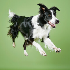 Fototapeta premium Border Collie in Mid-Air Against Green Background