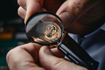 Male watch maker repairing wristwatch at a repair shop A mature male watch maker wears a magnifying glass while repairing the gear of a wristwatch at a repair shop