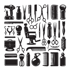 Barber and hairdresser icon set. Barbershop tools. Hair cut instruments with retro razor, comb or brush, scissors, vintage blade.