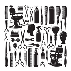 Barber and hairdresser icon set. Barbershop tools. Hair cut instruments with retro razor, comb or brush, scissors, vintage blade.