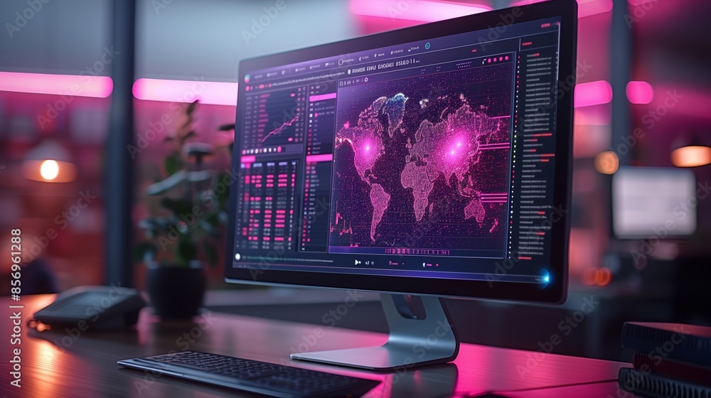 Poster modern computer monitor displaying world map with data analytics and pink lighting