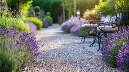 Closeup of a French country garden with lush lavender plants, gravel pathways, and wrought iron furniture, perfect for a peaceful retreat