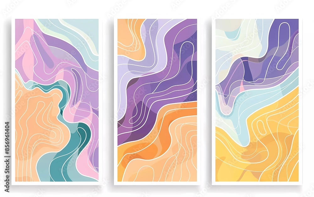 Poster set of three posters with colorful topographic line patterns, vector illustrations, in the style of 