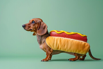 Dachshund in hot dog costume against green background