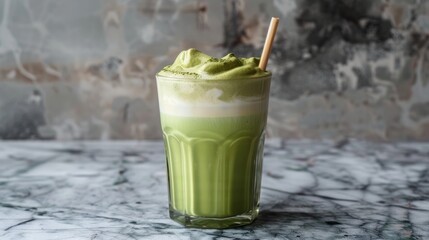 Vibrant matcha latte served in a glass with bamboo straw