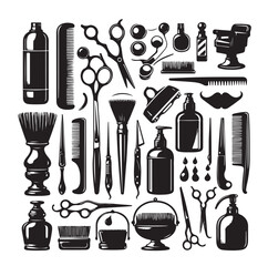 Barber and hairdresser icon set. Barbershop tools. Hair cut instruments with retro razor, comb or brush, scissors, vintage blade.