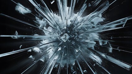 a broken glass with a blue background and a broken window