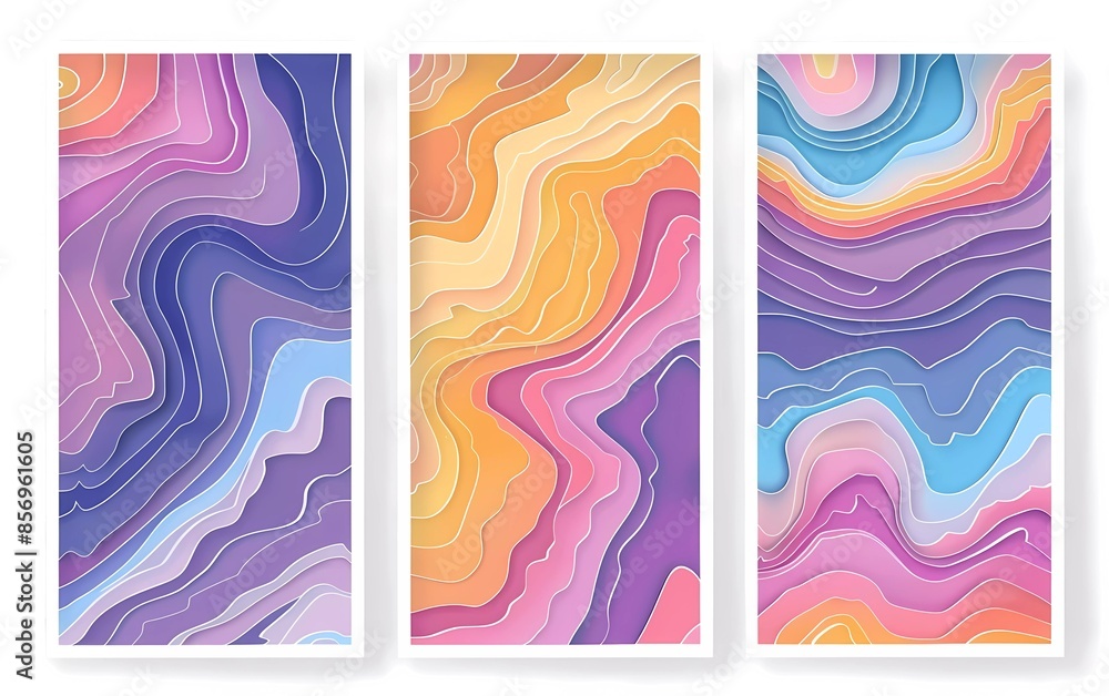 Poster set of three posters with colorful topographic line patterns, vector illustrations, in the style of 