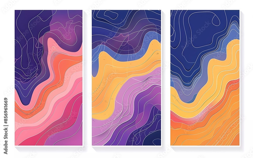 Poster set of three posters with colorful topographic line patterns, vector illustrations, in the style of 