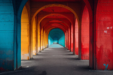 Fototapeta premium A corridor filled with vibrant, digital art colors, opening to a bright horizon,