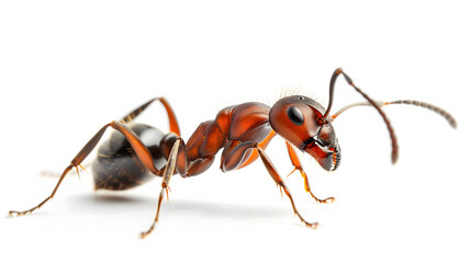 A large red ant is standing on a white background