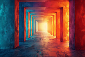 Digital art of a multicolored corridor leading to a bright and shining horizon,